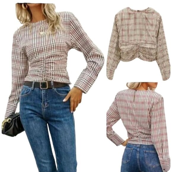 Zara Tops - Zara‎ Plaid Cropped Top Size L Preppy Dark Academia Ruched Office Scalloped Hem